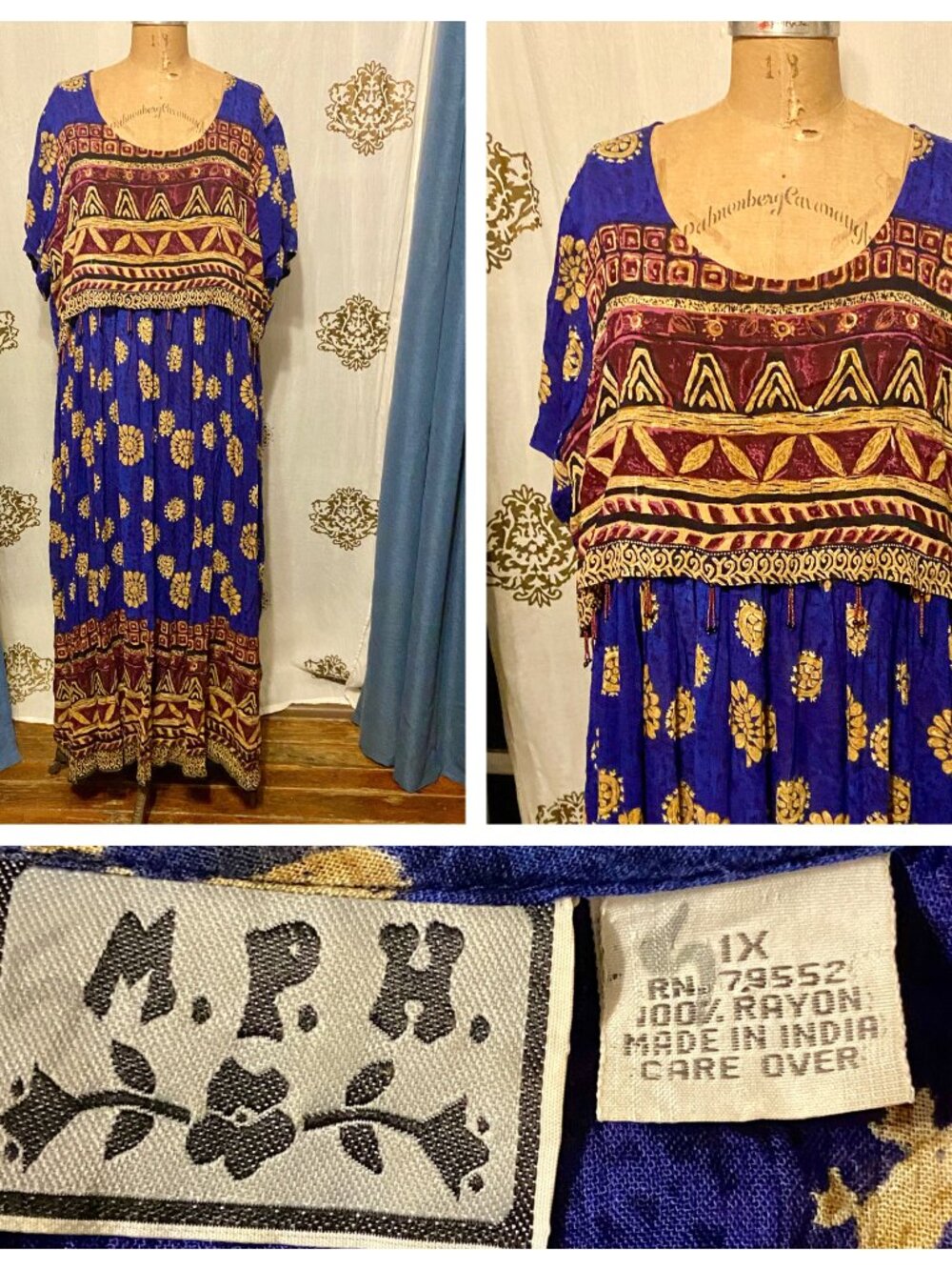 Vintage M.P.H. Dress 90s Blue Maxi Gauze Crinkle Boho Ethnic Beads 1X Lagenlook